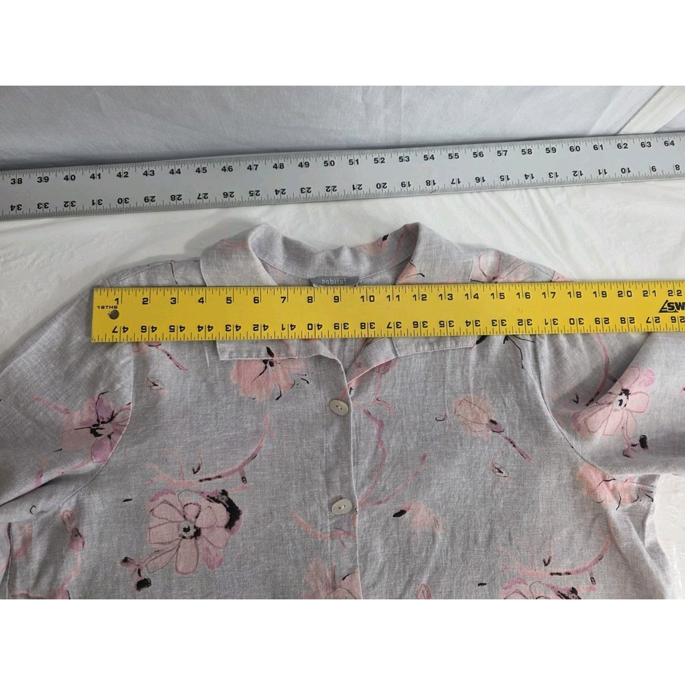 Habitat Button Up L Heavier Weight Linen Gray Pink Floral Resort Dressy Feminine - Picture 3 of 9